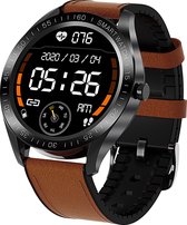 Belesy® POWER - Smartwatch Dames - Smartwatch Heren - Horloge - Stappenteller - 1.3 inch - 450+ wijzerplaten - Full Touch - Multi Sport - Hartslag - Calorieën - Saturatiemeter - Leer - Bruin - Moederdag