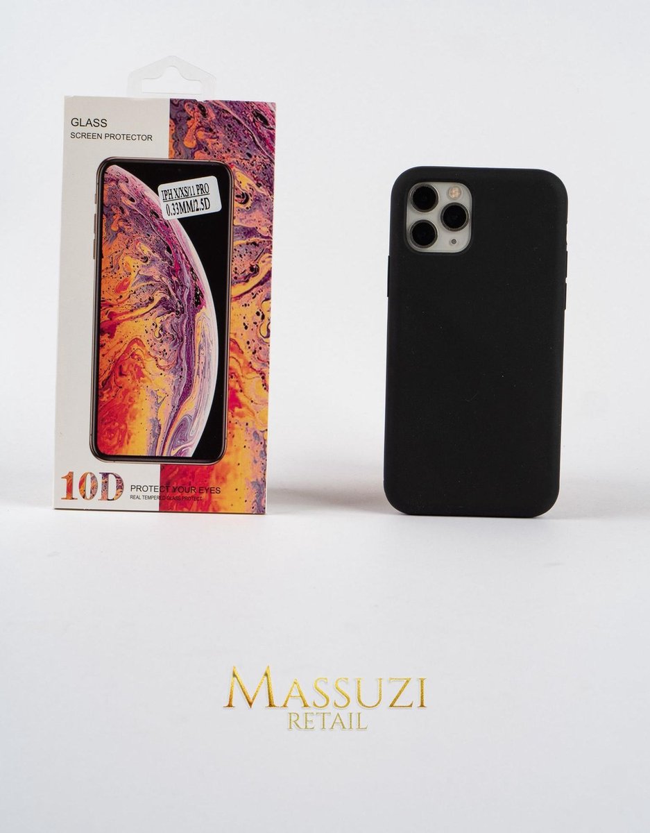 2-in-1 Massuzi iPhone 11 Pro - Zwart Hoesje Case Transparant (1 stuk) + Gratis Glass Screenprotector (3 stuks) - Tempered Glass Screenprotector met Siliconen Backcover Case