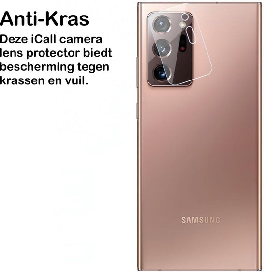 Transparante cameralens protector op een roze Samsung Note 20 Ultra.