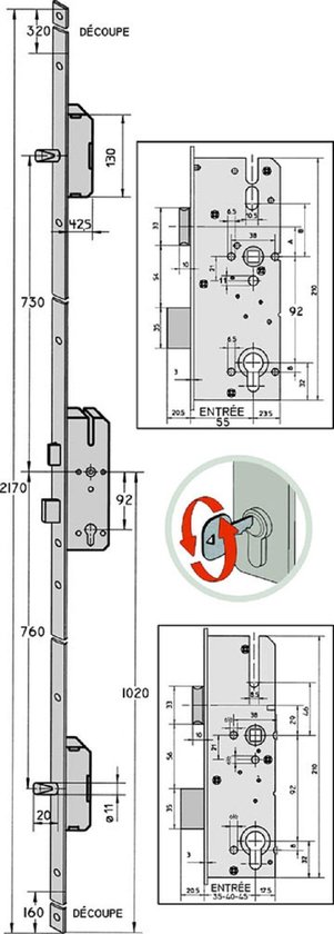 Serrure multipoints KFV AS2300 92/45 avec 2 broches Plaque avant: forme en U 24 mm, W000