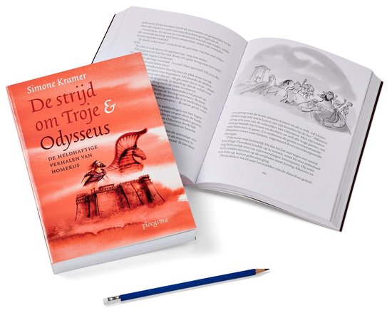 Een open boek met de titel 'De strijd om Troje & Odysseus' en een open boek ernaast met tekeningen.