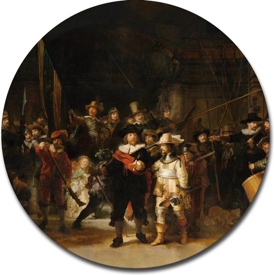 Muurcirkel De Nachtwacht - Rembrandt van Rijn - 80x80 cm - Wandcirkel - Dibond - Aluminium