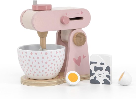 Label Label - Houten Keukenmixer - Roze - Inclusief Kommetje, Ei & Pakje Melk - FSC Hout - Stimuleert Creatief Spelen - Geschikt voor Kindjes vanaf 3 Jaar