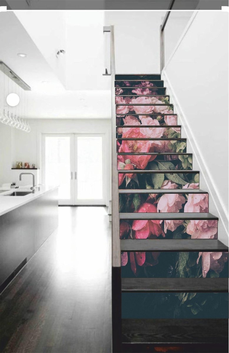Trapsticker black with pink flowers verwijderbare plakfolie