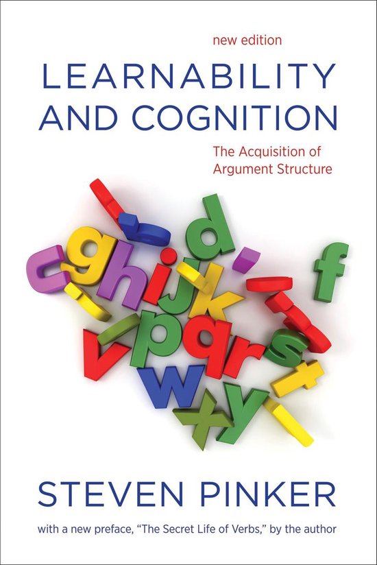 Boekcover 'Learnability and Cognition' met kleurrijke, 3D-letters die een stapel vormen, met de titel en auteur Steven Pinker.