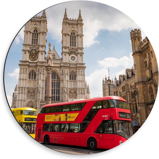Dibond Wandcirkel - Rode/Gele Bus Londen - 50x50cm Foto op Aluminium Wandcirkel (met ophangsysteem)