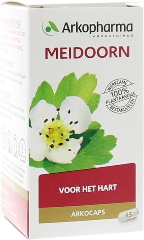 Verpakking Arkocaps Meidoorn, 'voor het hart', met bloem en bladeren, 45 capsules.