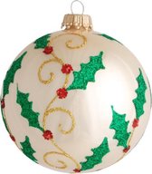 Luxe Kerstballen Ivoor met Glitter Hulst - set van 3 stuks - met de hand gedecoreerd