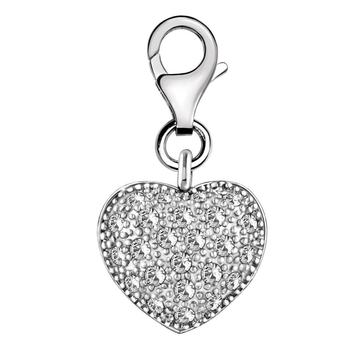 Quiges – Charm – Hanger - 3D Zirkonia Hart - Verzilverd - karabijnslot - geschikt - voor - Bedelarmband - QHC111