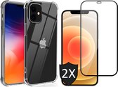 iPhone 12 Hoesje en Screenprotector - iPhone 12 Hoesje Transparant Siliconen Shockproof Case + 2x Screen Protector Glas Full