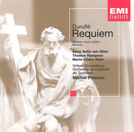 Albumcover met beeld van een beeld van een man met een kruis, met de tekst Duruflé Requiem, Messe "cum jubilo", Motets, en namen van artiesten.