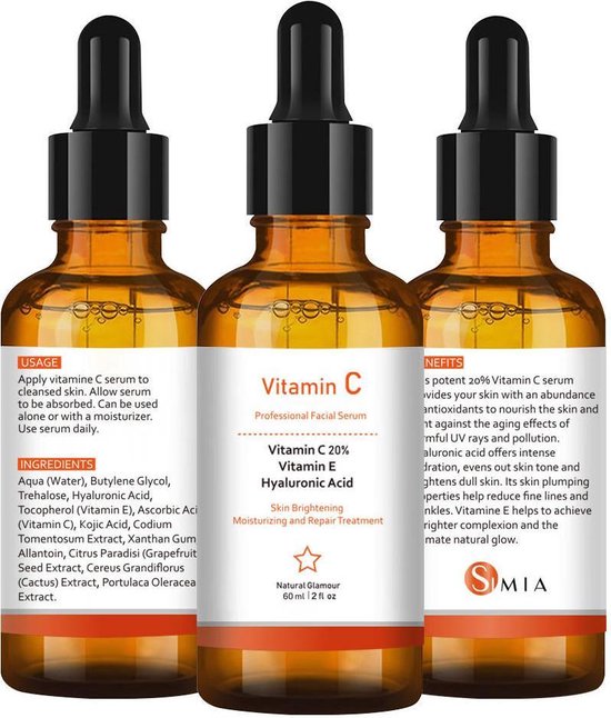 Simia™-  Original Vitamine C Serum - Met Vitamine E & Hyaluronzuur - Gezichtsserum - Collageen - Anti Rimpel - Anti Acne - Tegen Pigmentvlekken - 60ml