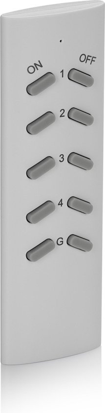 Witte afstandsbediening met zeven grijze knoppen: ON, OFF, 1, 2, 3, 4, G.