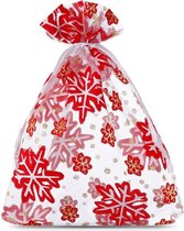 Kerst zakjes Organza - 22 x 30 cm - 10 stuk - Wit met rode sterren - Kerstverpakking Kerstdecoratie Kerstversiering