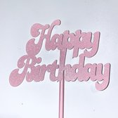 Taartdecoratie versiering| Taarttopper| Cake topper |Happy Birthday| Verjaardag| Licht roze glitter|14 cm| karton