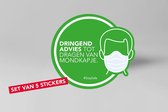 Sticker Dringend advies tot dragen van mondkapje 14,5cm x 13cm - Verplaatsbaar en laat geen lijmresten achter - Set van 5 raamstickers