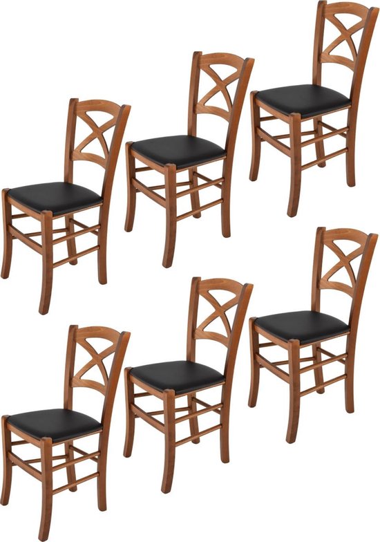Tommychairs - Lot de 6 chaises modèle Cross. Très approprié pour la cuisine, la salle à manger, mais aussi pour la restauration. Structure laquée noyer avec assise de chaise en simili cuir noir