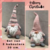SET VAN 2 Kerst kabouter/gnome roze wit grijs 30 cm.