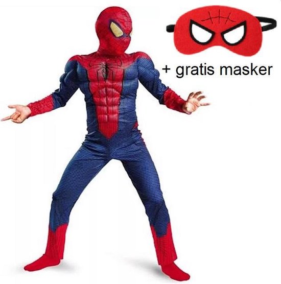 Luxe spinnenman pak met spierballen + 2 maskers - 134/140 (9-10 jaar L) - superhelden kostuum carnavalskleding verkleedpak