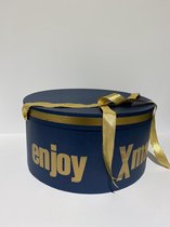 Ronde donkerblauwe Kerstdoos van karton met gouden opdruk en gouden lint