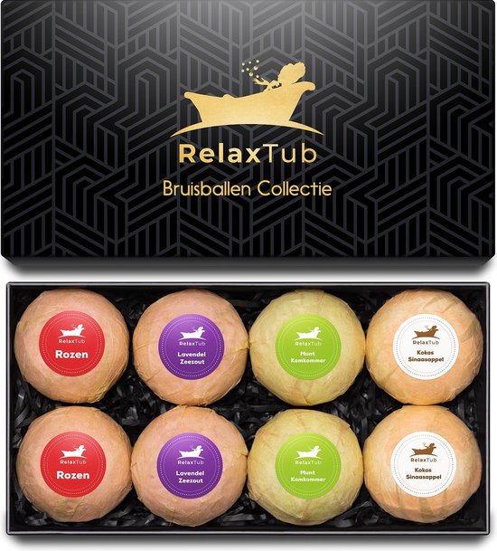 Bruisballen Set van RelaxTub® - Bevat Natuurlijke Kokosboter en Arganolie - 8 x 80g XL Formaat - Bruisballen voor Bad - Dierproefvrij - Voor Ontspanning & Zachte Huid - Geschenkset - Inclusief Luxe Cadeauverpakking