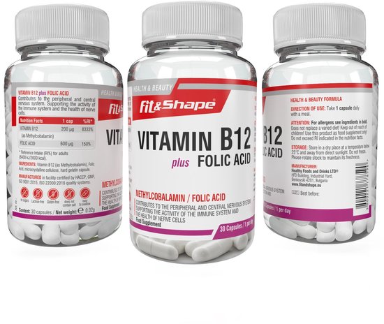 Kalmte tekort Zwijgend Vitamine B12 plus Foliumzuur (30 capsules/1 maand) hoog gedoseerd | bol.com