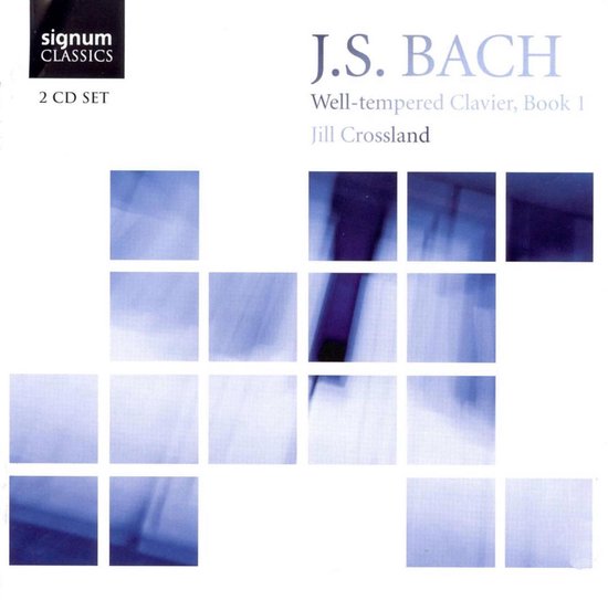 Cd-hoes met abstracte blauwe vierkanten op een witte achtergrond. Titel: J.S. BACH Well-Tempered Clavier, Book 1, Jill Crossland.