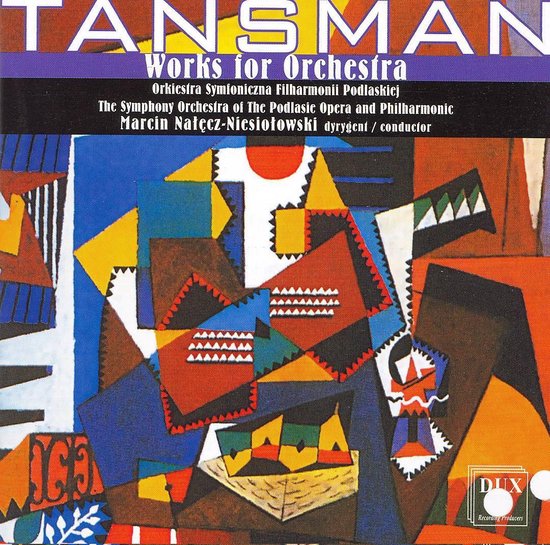 Voorste cd hoes met titel 'TANSMAN Works for Orchestra' en abstracte geometrische kunst.