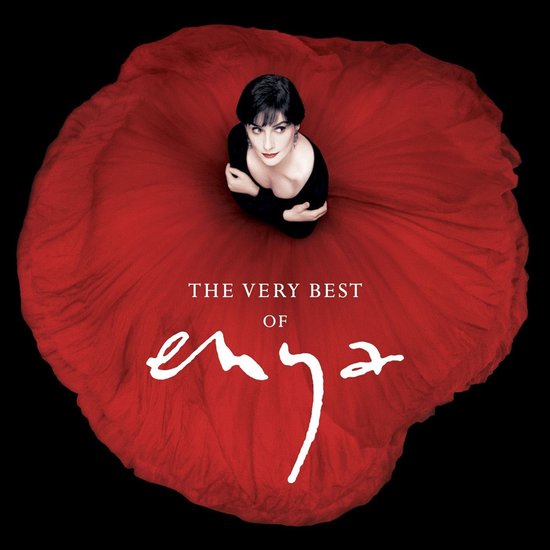 Vrouw in zwart kleding met een enorme rode rok, met de tekst 'The Very Best of Enya'.