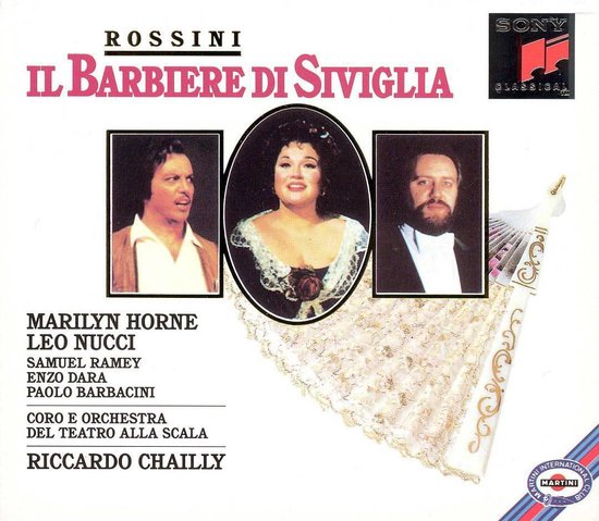Cover van "Il Barbiere di Siviglia" met portretten van drie operazangers en een waaier.