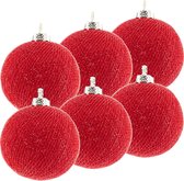 6x Rode Cotton Balls kerstballen 6,5 cm - Kerstversiering - Kerstboomdecoratie - Kerstboomversiering - Hangdecoratie - Kerstballen in de kleur rood