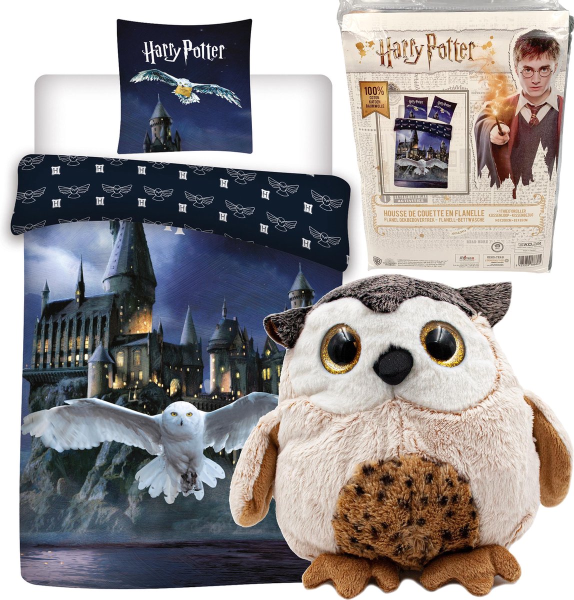 Harry Potter Dekbedovertrek - Eenpersoons - 140 x 200 cm - Flanel- Jongens meisjes dekbed - incl. Pluche Uil 21 cm - Harry Potter