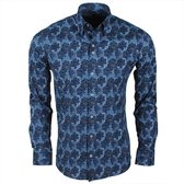 Ferlucci - Heren Overhemd met Bloemen Design - Calabria - Stretch - Blauw