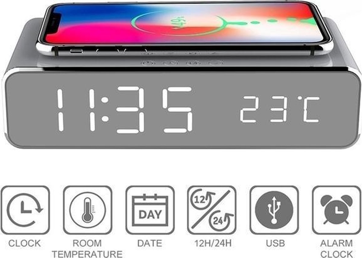 MaxXter - Digitale wekker - Draadloze oplader - Qi charger - Datum en tijd  - Zwart | bol.com