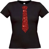 Stropdas t-shirt glitter rood maat L Dames zwart