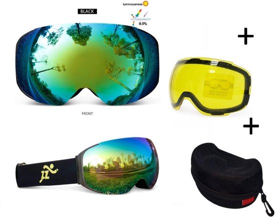 Skibril - EXTRA magnetische lens green black frame Zwart AX  type 3 Cat. 0 tot 4 - ☀/☁