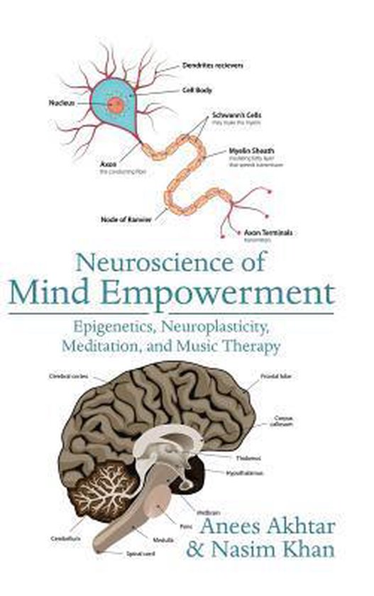 Boekomslag "Neuroscience of Mind Empowerment" met illustraties van een neuron en een menselijk brein.