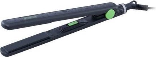 Een zwarte haarstijltang met groene accenten en een aan/uit-knop.