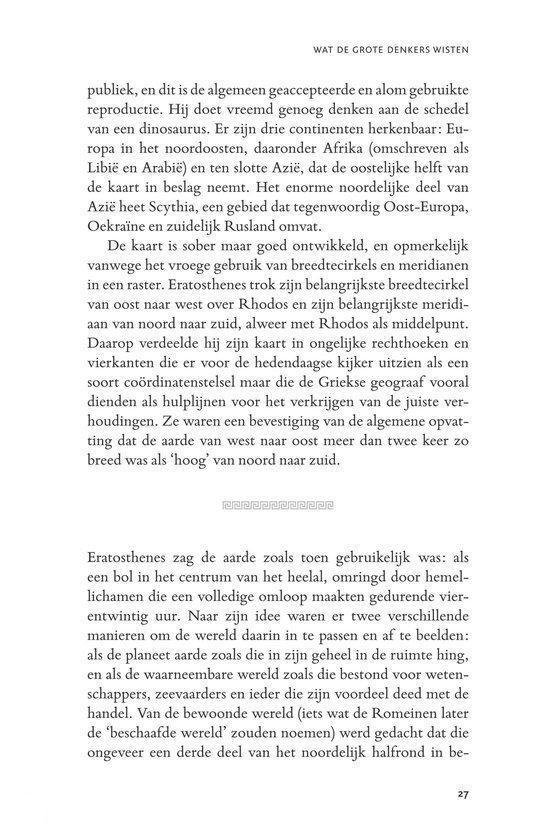 Tekstpagina uit een boek met de titel 'Wat de grote denkers wisten'. De tekst is in het Nederlands.