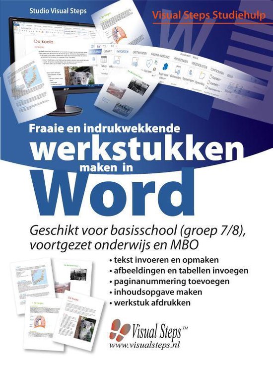 Boekomslag van 'Fraaie en indrukwekkende werkstukken maken in Word' met een afbeelding van een computer en documenten.
