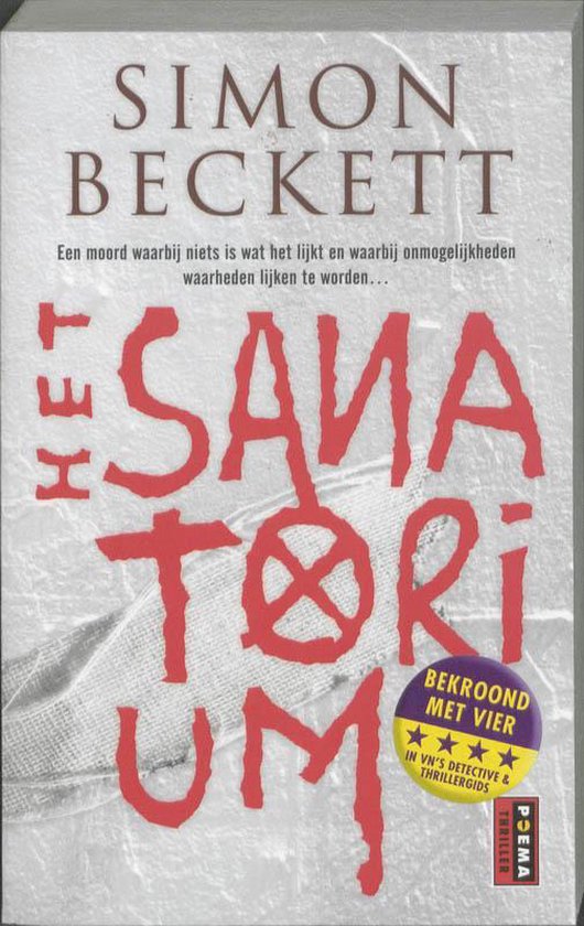 Boekcover 'Het Sanatorium' van Simon Beckett met rode, blokkerige letters en een gele cirkel met sterren.