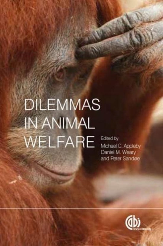 Boekomslag getiteld Dilemmas in Animal Welfare met een close-up van een orangoetan die zijn hand tegen zijn voorhoofd houdt.
