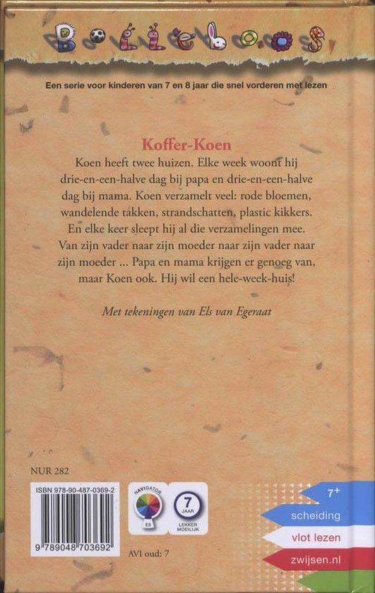 De achterkant van het boek Koffer-Koen, met tekst en een ISBN-nummer.