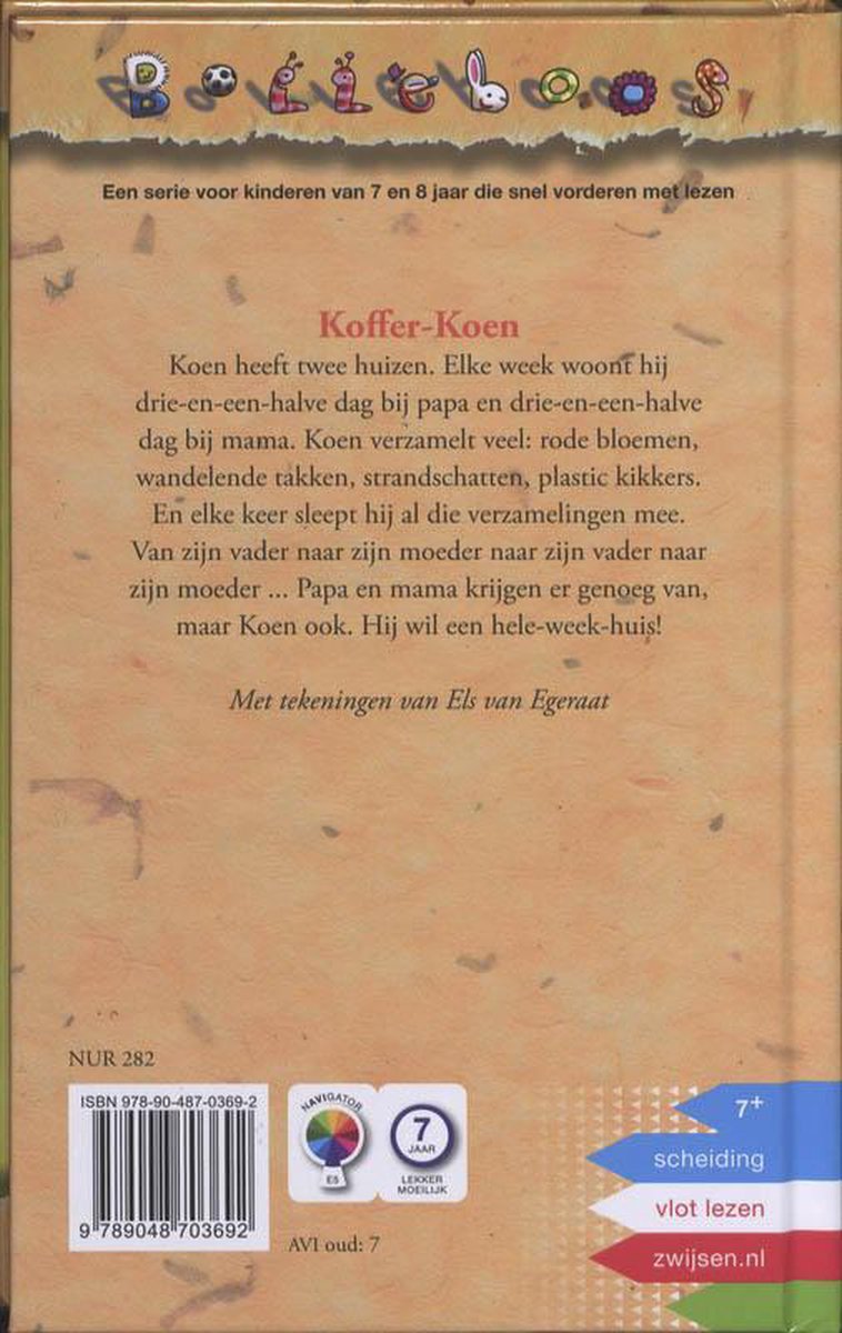 De achterkant van het boek Koffer-Koen, met tekst en een ISBN-nummer.