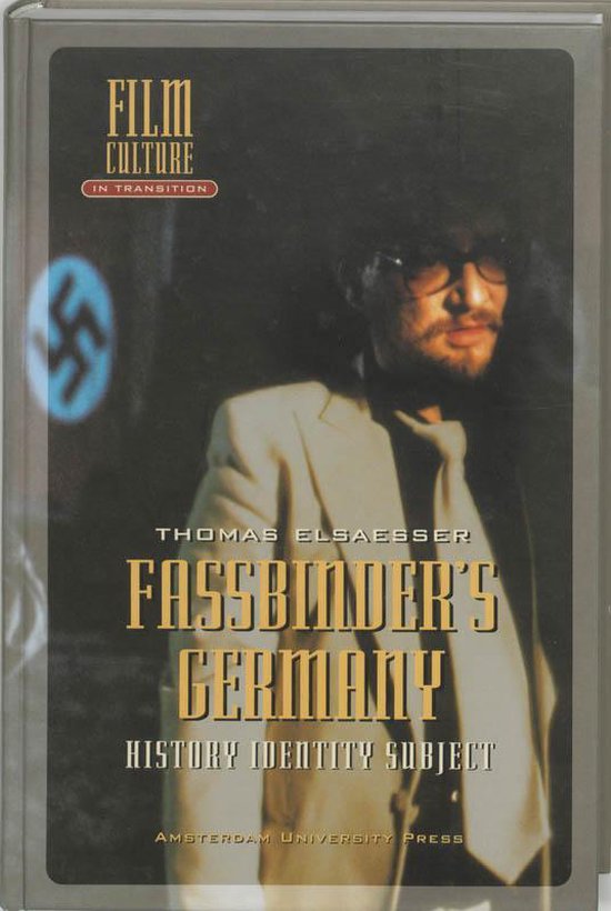 Boekomslag 'Fassbinder's Germany' door Thomas Elsaesser met een man in beige colbert voor een wazig symbool.