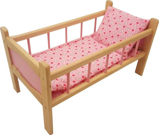 Playwood Houten poppenbedje met roze bekleding