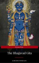 Blauw figuur met 4 armen, gedetailleerde figuren en scènes op lichaam en kleding, houdt een lotusbloem vast. Eireann Press The Bhagavad Gita.