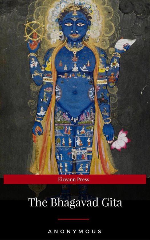 Blauw figuur met 4 armen, gedetailleerde figuren en scènes op lichaam en kleding, houdt een lotusbloem vast. Eireann Press The Bhagavad Gita.