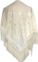 Spaanse manton  - omslagdoek - creme wit met witte bloemen Large bij verkleedkleding of flamenco jurk