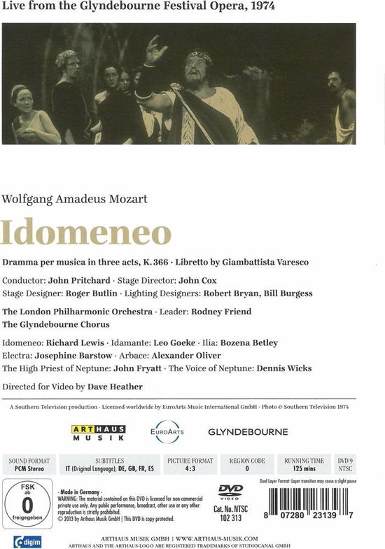 Wolfgang Amadeus Mozart - Idomeneo DVD achterkant met scéne foto en details.